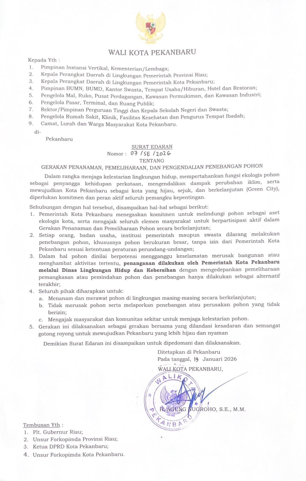 Jaga Kelestarian Alam, Wako Pekanbaru Terbitkan Edaran Larangan Penebangan Pohon
